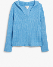 Rib knit wool blend hooded sweater - Blue