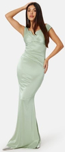 Goddiva Satin Bardot Pleat Maxi Dress Sage Green L (UK14)
