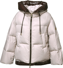Two-tone down jacket in sand and dark brown nylon