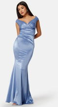 Goddiva Satin Bardot Pleat Maxi Dress Dusty Blue XXL (UK18)