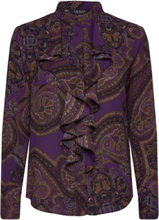 Paisley Ruffle-Trim Georgette Shirt Tops Shirts Long-sleeved Purple Lauren Ralph Lauren