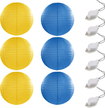 Setje van 6x stuks luxe geel/blauw bolvormige party lampionnen 35 cm met lantaarnlampjes