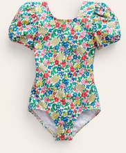 Bedruckter Badeanzug mit Puffärmeln Mädchen Boden, Bunt Blumenbeet