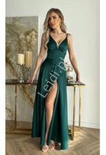 Butelkowo zielona sukienka z satyny, długa sukienka na wesele, na studniówkę HB282