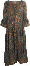 Lange zijden maxi jurk in donkergroen met bloemenprint