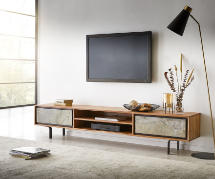 DELIFE TV-meubel Juwelo 200 cm acacia natuur steenfineer open vak metaal zwart