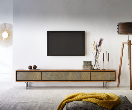 DELIFE Tv-meubel Juwelo 220 cm acacia natuur steen fineer metaal zwart