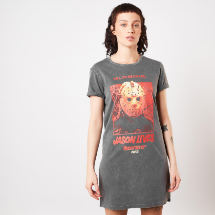 Friday the 13th Jason Lives Women's T-Shirt Dress - Black Acid Wash - L