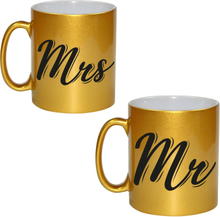 Mrs and Mr bruiloft / bruidspaar cadeau koffiemok / theebeker goud 330 ml