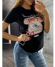 Czarna koszulka damska z zdobionym telefonem, modne T-shirty damskie