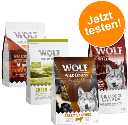 Wolf of Wilderness Adult - Mixpaket - "Elements" Lamm, Ente, Rind, Fisch (Monoprotein; 4 x 1 kg)