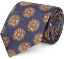 Cravatta su misura, Lanieri, Blu floreale Marrone in twill di Seta, Quattro Stagioni | Lanieri