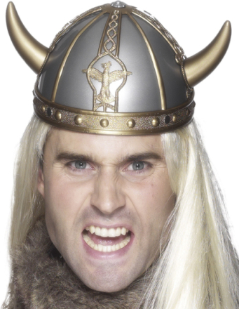 Silverfärgad Vikingahjälm med Guldfärgade Detaljer och Små Horn