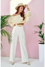 Eleganckie spodnie damskie, białe spodnie z szerokimi nogawkami i wysokim stanem z łańcuchem 0011
