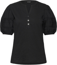 Lace-Trim Jersey Puff-Sleeve Henley Tee Tops Blouses Short-sleeved Black Lauren Ralph Lauren
