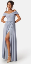 Goddiva Bardot Rouched Maxi Split Dress Light Blue L (UK14)