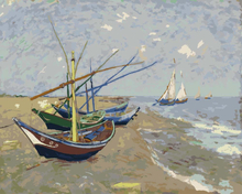 Malen nach Zahlen - Fischerboote am Strand von Les Saintes-Maries-de-la-Mer - Vincent van Gogh, mit Rahmen