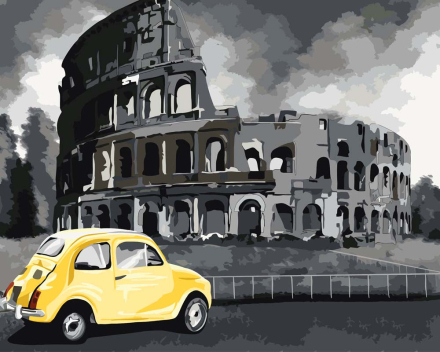 Malen nach Zahlen - Das gelbe Auto vor dem Kolosseum, ohne Rahmen