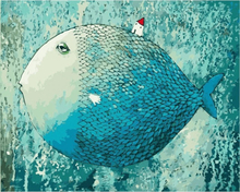Fisch, Blaue Farben - Malen nach Zahlen, 50x40cm / Mit Keilrahmen / 24 Farben (Einfach)