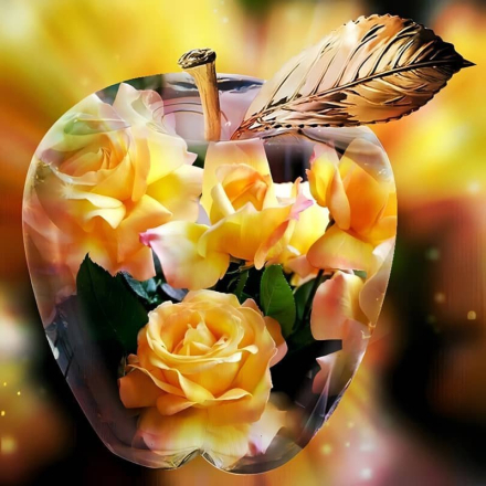Malen nach Zahlen - Glas Apfel gelbe Rosen, 60x60cm / Ohne Rahmen / 24 Farben (Einfach)
