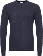 Man Classic Cable Sweater Strikkegenser M. Rund Krage Blå Davida Cashmere*Betinget Tilbud