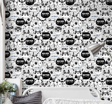 Behang kinderkamer Zwart-wit kattengezicht patroon