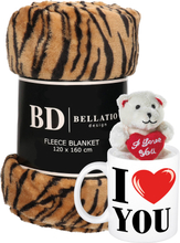 Valentijn cadeau set - Fleece plaid/deken tijger print met I love you mok en beertje