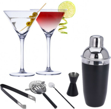 Set van 4x Martini cocktailglazen met zwarte 5-delige cocktailshaker set RVS