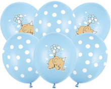 6 stk. Pastellblå Ballonger med Svevende Søt Elefant og Hvite Prikker