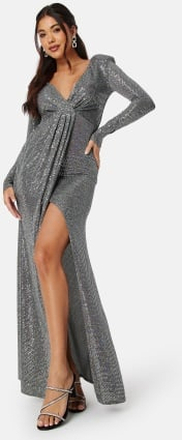 Goddiva Long Sleeve Sequin Maxi Dress With Split Silver M (UK12)