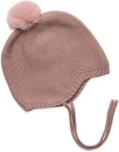 Bonnet Wool Knit W. Pompom Accessories Headwear Hats Baby Hats Rosa Huttelihut*Betinget Tilbud