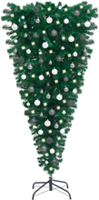 vidaXL Uppochnedvänd plastgran med LED och julgranskulor 120 cm