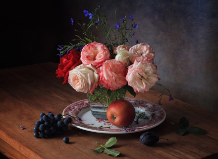 Still Life With Roses And Grapes Poster