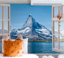 Fotobehang 3d bergen vanuit het raam