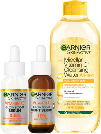 Garnier Vitamin C Vitamin C Glow Boost Serum + Micellar Vitamin C Cleansing Water + Vitamin C Double Renew 10% Night Serum