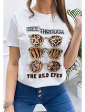 Biała koszulka z okularami z zwierzęcym wzorem, damski t-shirt Mint z kryształkami