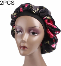 2 PCS Women Satin Night Sleep Cap Hair Bonnet Hat Silk Head Cover Wide Elastic Band(Black Lace)