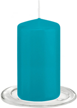 Trend Candles - Stompkaarsen met glazen onderzetters set van 2x stuks - Turquoise blauw 6 x 12 cm