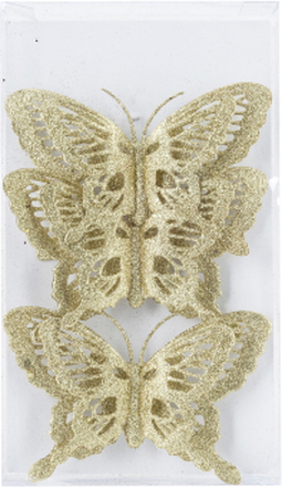 3x stuks decoratie vlinders op clip glitter goud 14 cm