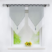 Set med 2 korta gardiner skira fönster romersk persienner kex grå/vit L/h 45x90cm i polyester med öglor med pumpfransar