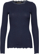 Organic T-Shirt W/ Lace T-shirts & Tops Long-sleeved Marineblå Rosemunde*Betinget Tilbud