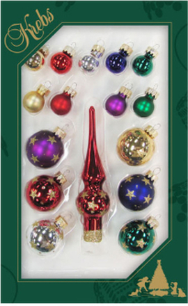 Luxe gekleurde glazen mini kerstballen en piek set voor mini kerstboom 16-dlg