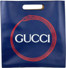 Gucci XL Trykt Blue Leather Tote Shopping Bag Red Snake Authentic Preowned