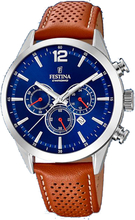 Festina F20542/3 Horloge Timeless Chronograph staal-leder zilverkleurig-blauw-bruin 43,5 mm