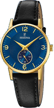 Festina F20571/3 Horloge Retro staal-leder goudkleurig-blauw-zwart 29 mm