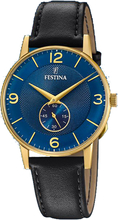 Festina F20567/3 Horloge Retro staal-leder goudkleurig-blauw-zwart 36 mm