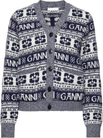 Logo Wool Mix Designers Knitwear Cardigans Blue Ganni