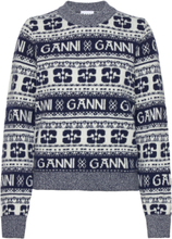 Logo Wool Mix Designers Knitwear Jumpers Blue Ganni