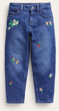 Lockere Jeans mit geradem Bein Mädchen Boden, Mittelhoher Bund Denim Stickerei