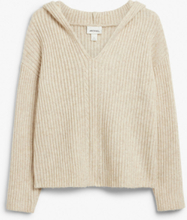 Rib knit wool blend hooded sweater - Beige